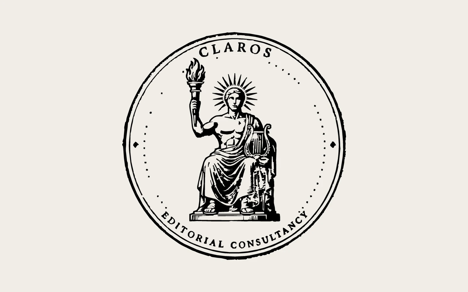 Claros editorial consultancy seal with Apollo at the centre